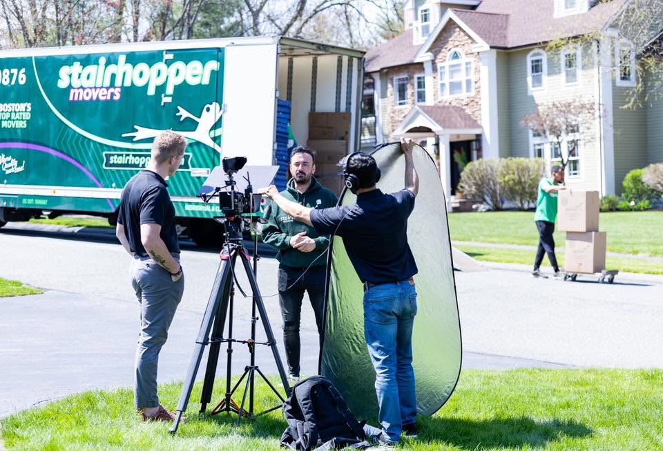 Unboxed Creative crew filming on-site at a Stairhopper Movers job in Boston